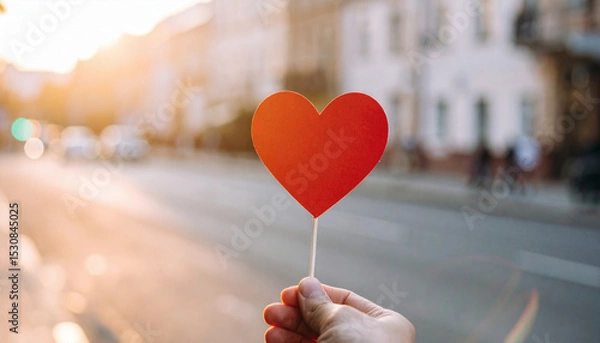 Fototapeta A hand gently holds a red paper heart on a stick in the sunlight, with a softly blurred city street and warm golden tones in the background.