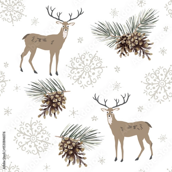 Fototapeta Christmas seamless pattern. Deer animals, cones, pine twigs, snowflakes, white background. Vector illustration. Nature design. Season greeting. Winter forest. Xmas holidays