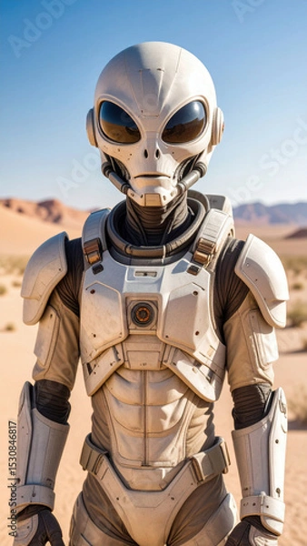 Fototapeta A humanoid alien with large black eyes and futuristic armor stands in a vast desert landscape, blending advanced technology with an otherworldly presence under the bright sun.