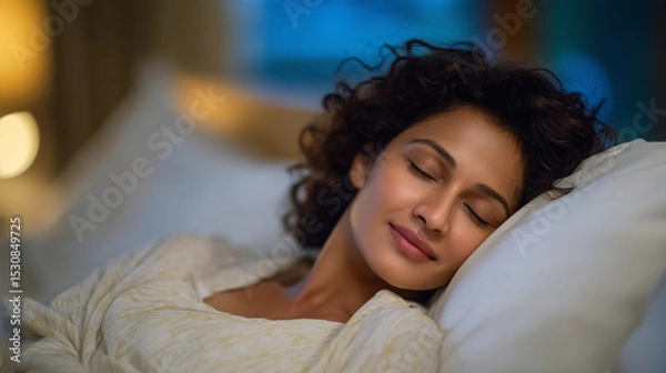 Fototapeta Close side profile of serene Indian woman sleeping deeply, soft breath visible on the pillow, face composed and peaceful in quiet joy, framed by delicate bedsheets