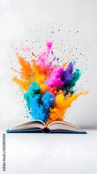 Obraz Colorful powder exploding from open book on white background, education concept