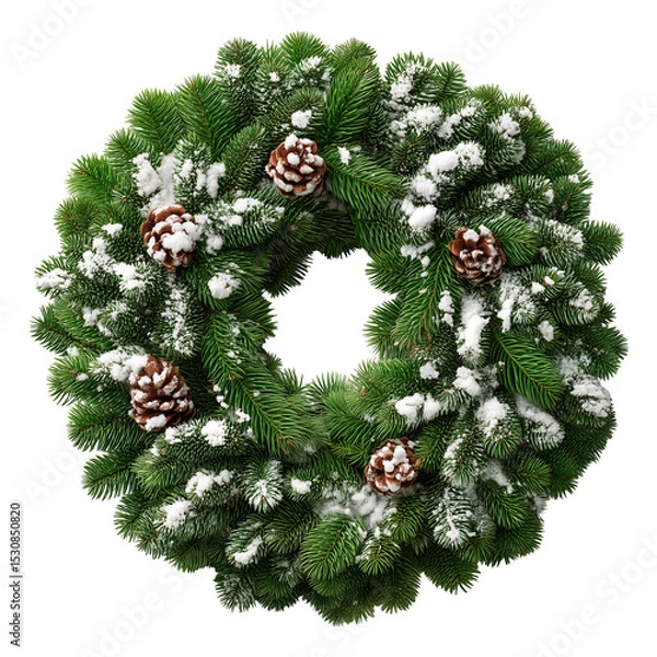 Obraz Evergreen wreath with snow and pinecones on a plain background view isolated on transparent background