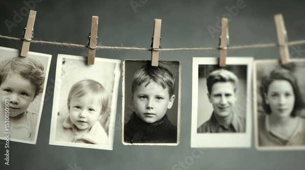 Obraz National Missing Persons Day Vintage black and white photos of caucasian children and adults on clothesline