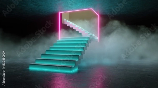 Obraz Futuristic neon staircase illuminated with pink and blue lights