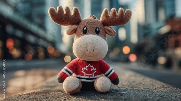 Obraz Cute plush moose toy in canadian city downtown setting for travel and souvenir concepts