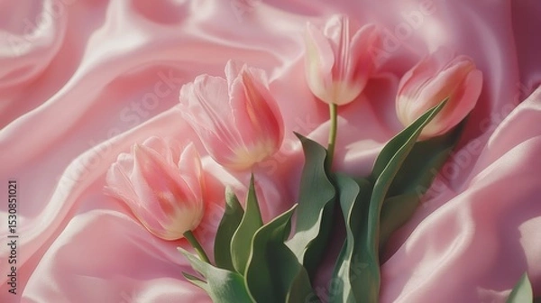 Obraz Elegant pink tulips on luxurious satin fabric for romantic floral decor and designs
