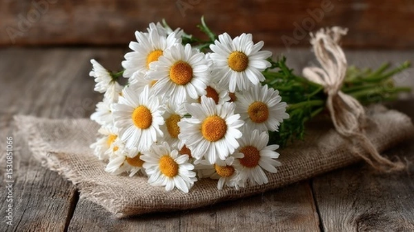Obraz Rustic bouquet of daisies on burlap cloth for floral decoration concepts
