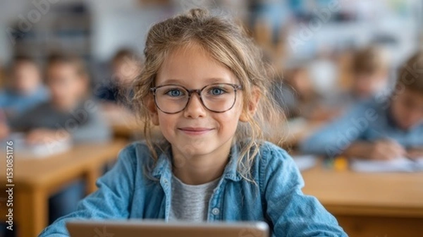 Obraz Young student in classroom setting learning with technology
