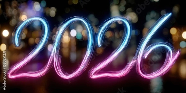 Obraz Neon 2026 lights against blurred cityscape at night