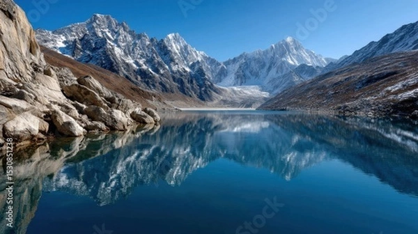 Obraz Pristine mountain lake with snowy peaks and clear blue sky reflection