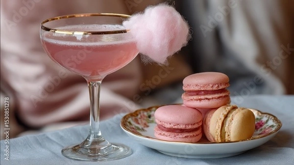 Obraz Elegant pink cocktail with cotton candy garnish and macarons on porcelain plate