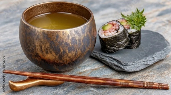 Obraz Japanese tea and sushi with chopsticks on slate plate