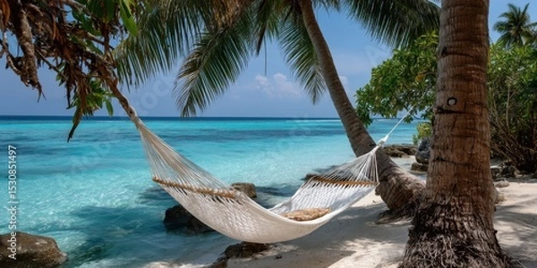 Obraz Tranquil beach scene: hammock, palm trees, and crystal clear water under a blue sky