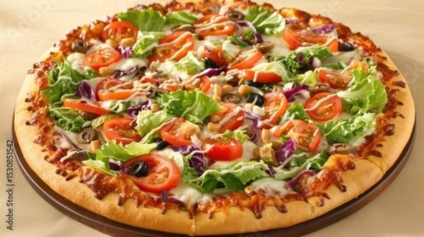 Obraz Fresh veggie pizza with lettuce, tomato, and olives on cheesy crust