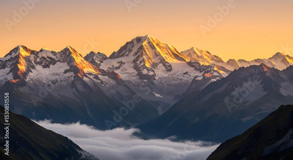 Fototapeta Golden Hour Over Majestic Snow-Capped Mountains with Valley Clouds