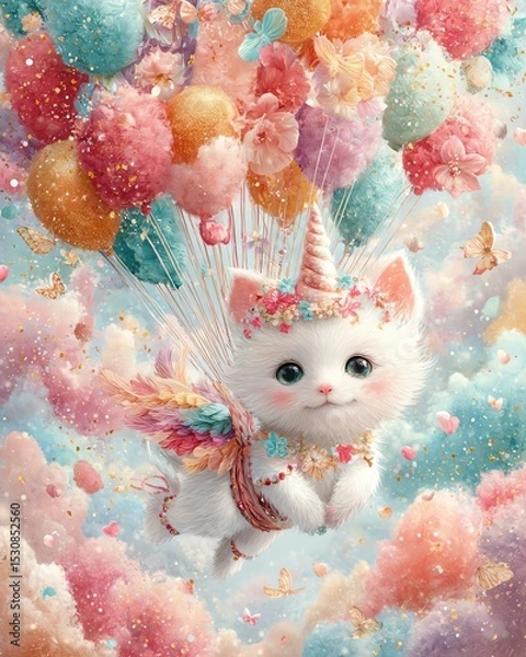 Fototapeta A whimsical kitten with colorful balloons.