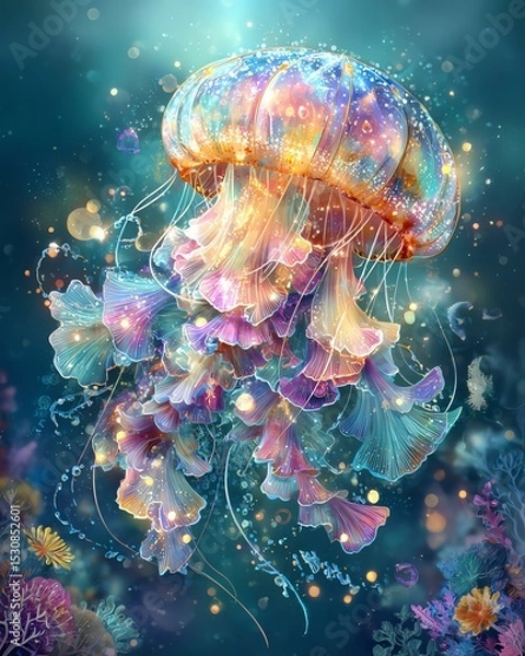 Fototapeta Colorful jellyfish floating in a vibrant ocean.