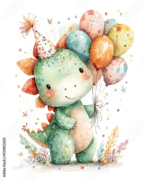 Fototapeta Cute dinosaur with colorful balloons at a party.