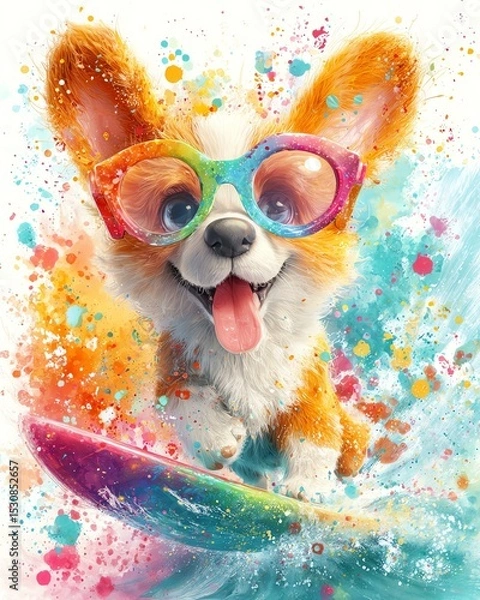 Fototapeta Playful corgi surfing with colorful splashes.