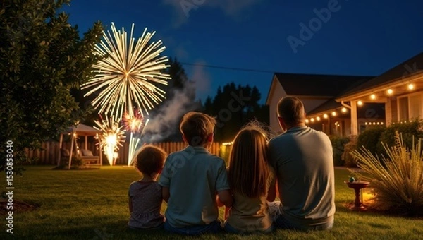 Obraz Family watching fireworks in backyard at night under string lights