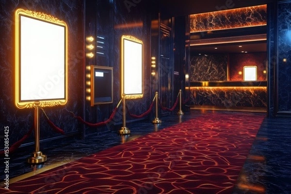 Fototapeta Luxury velvet-roped cinema lobby with crimson wave-pattern carpet, backlit golden ticket counters, and blank holographic movie poster frames glowing on black marble walls for premium theater branding