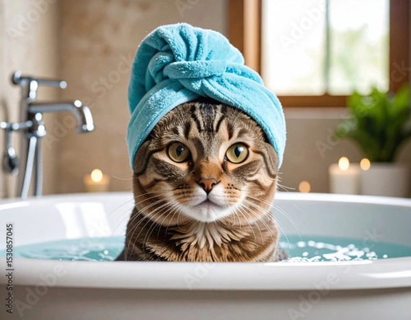 Fototapeta An adorable tabby cat sits calmly in a blue bathtub with a fluffy white towel wrapped around its head, looking like it's enjoying a relaxing spa day.	