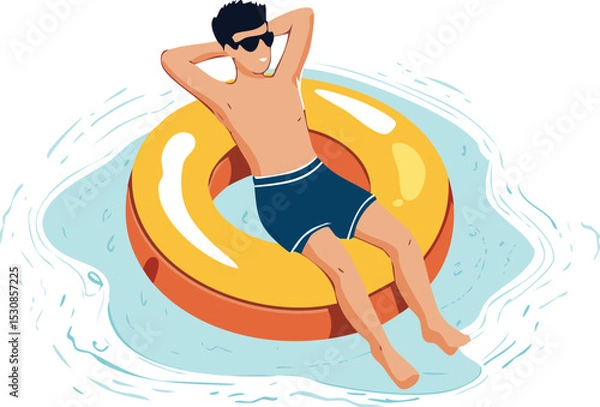 Obraz Man Relaxing on Pool Float - Summer Vacation Cartoon


