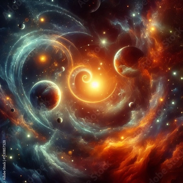 Obraz Celestial Dance Abstract planets and galaxies orbiting each othe