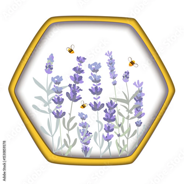 Fototapeta Lavender flowers and bees in a honey comb isolated composition. Beekeeping products packaging design element. 