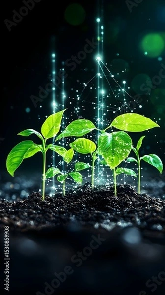 Fototapeta Smart farming Saplings grow with digital network, dark background