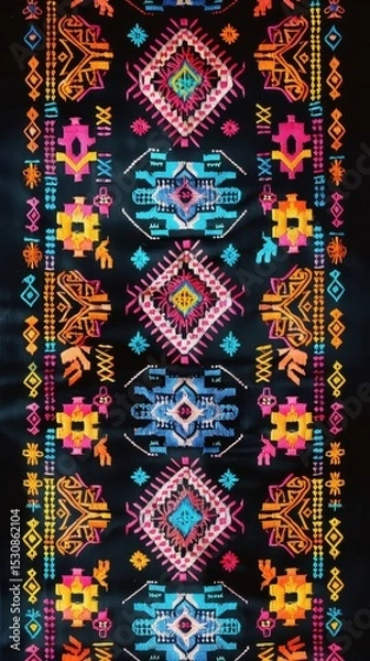 Fototapeta Vibrant geometric patterns on colorful traditional textile design