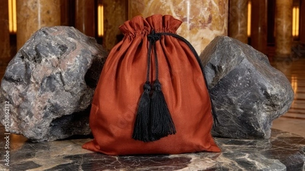 Fototapeta Elegant red velvet pouch with tassels placed between marble rocks in luxurious setting