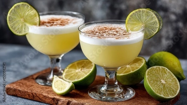 Fototapeta Refreshing lime cocktails with glasses and slices on wooden board