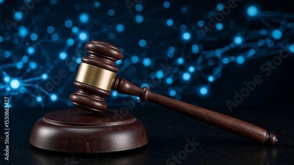 Fototapeta Cyber Law and Justice Gavel on Digital Network Background