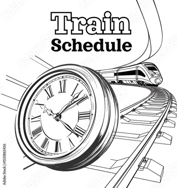 Obraz Black and White Image of a High-Speed Train, Clock, and Text "Train Schedule" in a Hand-Drawn Style. Vector illustration