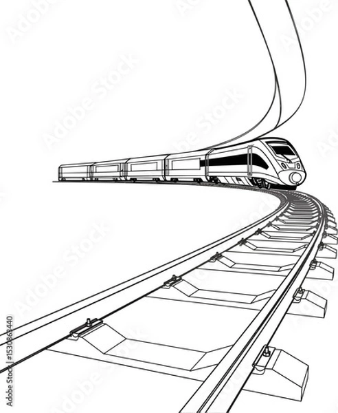 Obraz Hand-Drawn Style Image of a Bullet Train on Railway Tracks, Black and White. Vector illustration