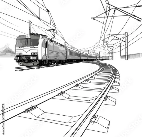 Obraz Sketch-Style Image: Electric Locomotive and Railway Tracks, Black and White Vector illustration