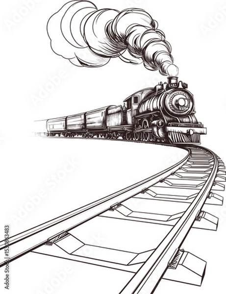 Obraz Detailed Black and White Sketch of a Steam Train with Smoke on a Curved Railway. Vector illustration on white