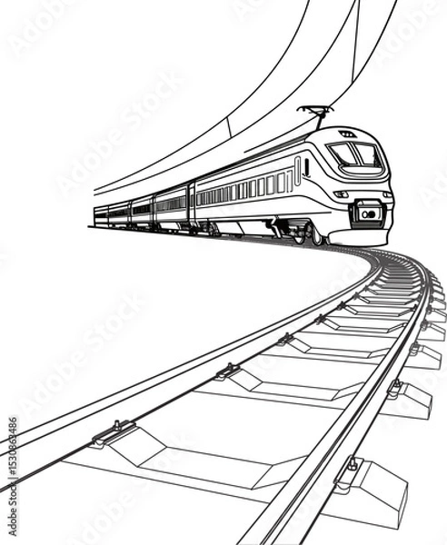 Obraz Detailed Black and White Sketch of a Steam Train with Smoke on a Curved Railway. Vector illustration on white