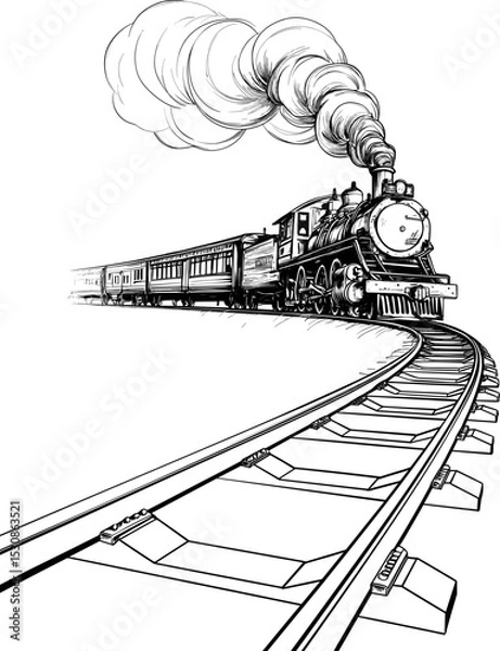 Obraz Detailed Black and White Sketch of a Steam Train with Smoke on a Curved Railway. Vector illustration on white