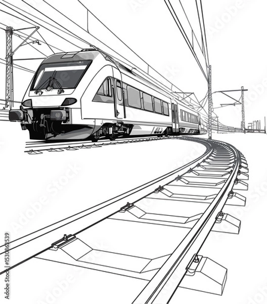 Obraz Sketch-Style Image: Electric Locomotive and Railway Tracks, Black and White Vector illustration
