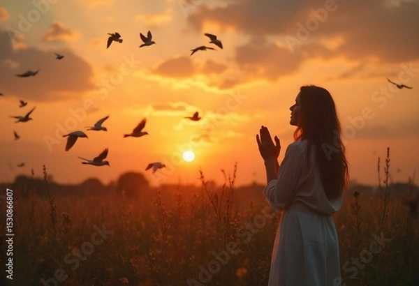 Obraz Serene Woman in Field with Flying Birds