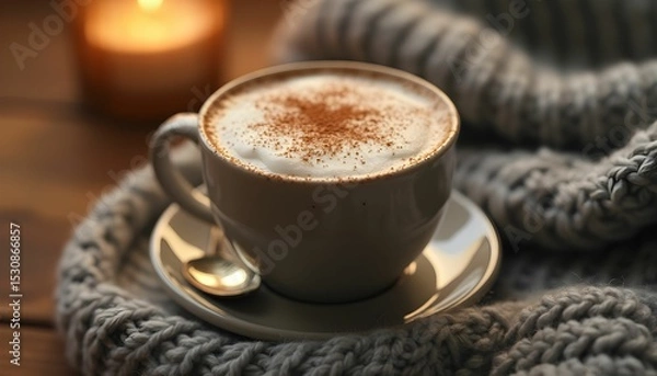 Obraz Warm cup of cappuccino with cinnamon in a cozy setting.