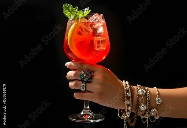 Obraz Elegant Spritz with Jewels on Hand, Dark Background
