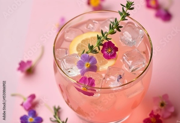 Obraz Refreshing Pink Lemonade Cocktail with Edible Flowers