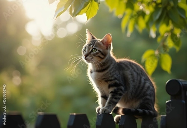 Obraz Kitten Perched on Fence with Sunlit Background