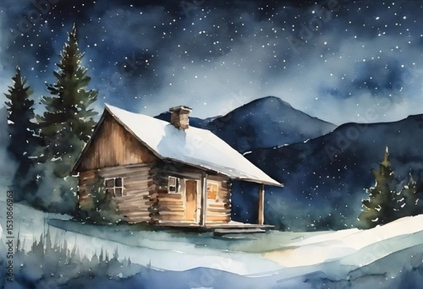 Obraz Snowy Cabin in the Mountains Under Night Sky