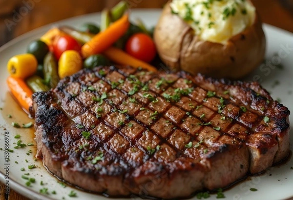 Obraz Grilled Steak with Baked Potato and Mixed Vegetables
