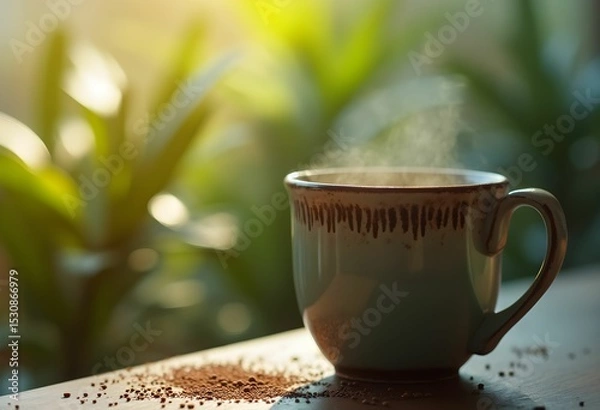 Obraz Steaming coffee cup on a wooden table with grounds.