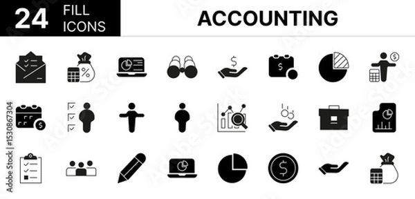 Fototapeta Collection of 24 Accounting fill icons featuring editable strokes. These outline icons depict various modes of Accounting, business, accounting, inspecting, report, tax, analysis, finance, account, bu